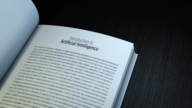 Artificial Intelligence with glitch concept. Opened digital book introducing AI with binary code page. Seamless loop.