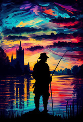 Fototapeta premium Painted silhouette of fisherman with fishing rod at sunset. Impressionist-style image..