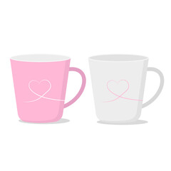 Modern white and pink coffee mugs. Mugs with the image of a heart. Vector illustration in a flat style. Isolated on a white background.