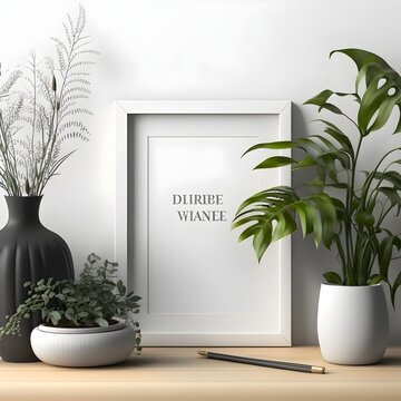 Blank picture frame mockup on wall in modern interior. Artwork template mock up in interior design. View of modern boho style interior with plant in trendy vase