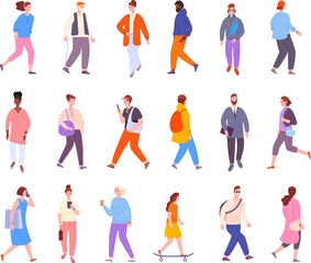 Fototapeta na wymiar Walking citizens. Fashion people outdoor street walk, city crowd person in casual outfit guy on skateboard woman with bag adult man talk smartphone splendid vector illustration
