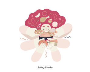Mental disorders illustration. Eating disorder - modern flat vector illustration of a woman stuffing herself meeting with a stress experience. People emotional, psychological, mental traumas concept