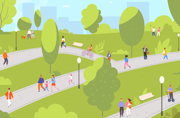 People walking outside city. Crowd person walk in summer or spring city park path, family children recreation on nature bicycle