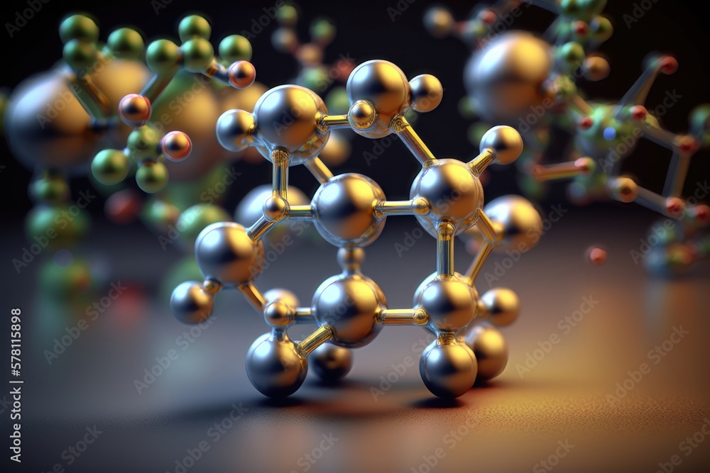 Poster abstract molecules design. molecular structure with spherical particles. ai generation