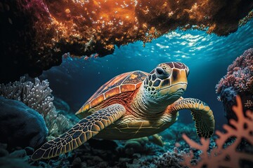 Naklejka na ściany i meble Cruising the Coral Highway: Sea Turtle's Adventure. Ai generative