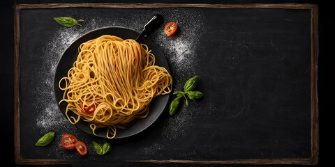 Spaghetti plate on black background, surrounded by spinach and tomatoes, space for text, menu design