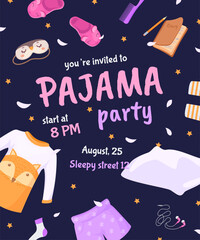 Sleepover invite. Pajama party invitation card, holiday sleep over in bed beautiful pajamas, child friends pyjamas bedding friendship night poster background vector illustration