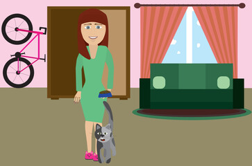 A woman in a room with a closet and a bicycle goes to feed a screaming cat