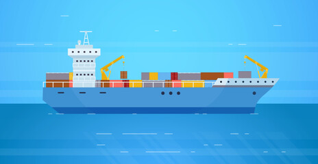 Cargo ship seaport. Freight vessel for internation logistic shipping containers or gain export shipment, large boat in ocean barge on sea wave water transport vector illustration