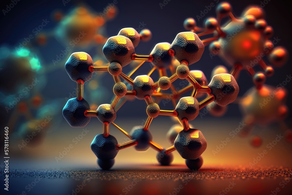 Poster abstract molecules design. molecular structure with spherical particles. ai generation
