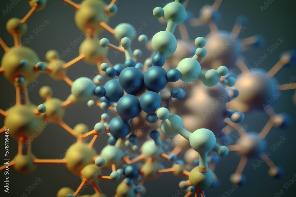 Poster abstract molecules design. molecular structure with spherical particles. ai generation