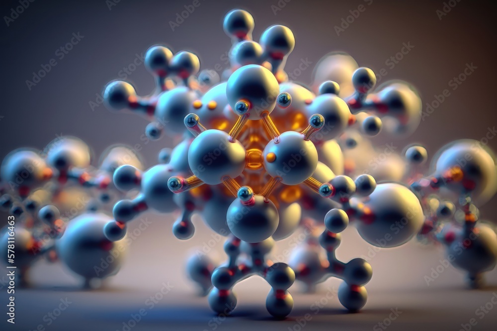 Poster abstract molecules design. molecular structure with spherical particles. ai generation