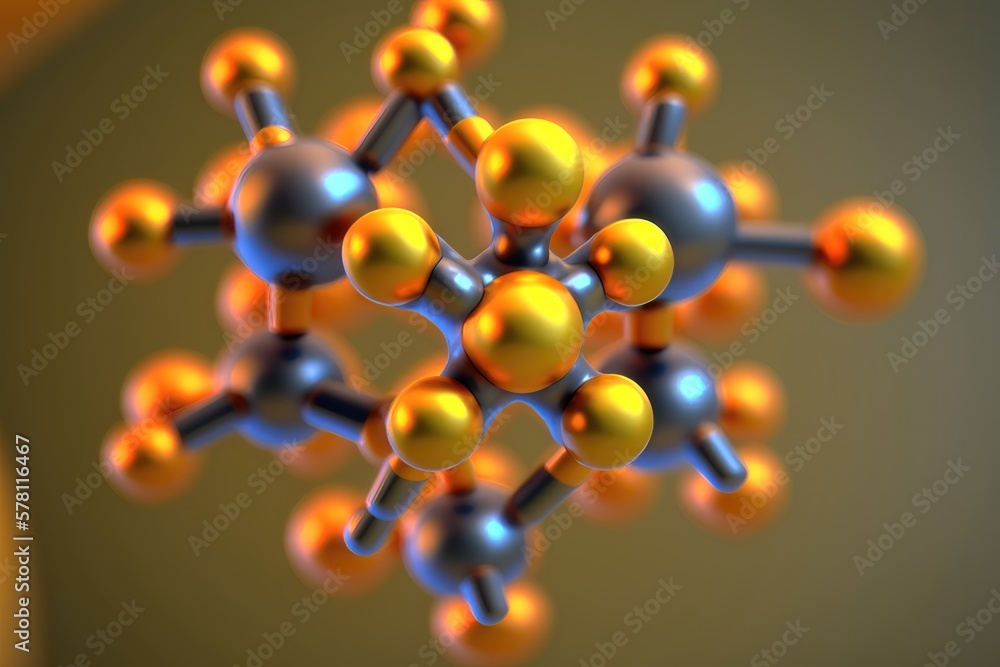 Poster abstract molecules design. molecular structure with spherical particles. ai generation