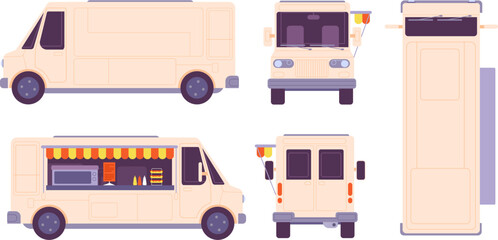 Food truck mockup. Foodtruck design side profile front back view, delivery or catering car minibus template, van bus overhead mobile kitchen mock-up splendid vector illustration © ssstocker