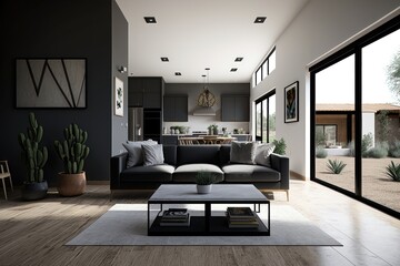 Naklejka na ściany i meble Modern interior design, in a spacious room. AI Generation