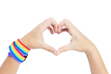 Hands making heart sign with rainbow lgbt band 