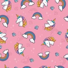 Pink Unicorns seamless pattern with cute little unicorns, colorful rainbows and diamonds