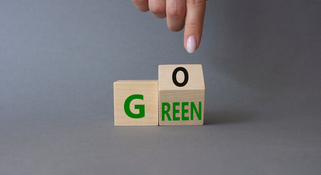 Go green symbol. Businessman hand points at turned wooden cubes with words Go Green. Beautiful grey background. Ecological and Business and Go green concept. Copy space