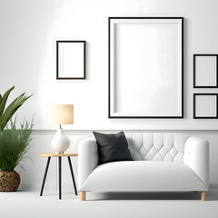 Blank frames mockup on a white wall. Modern living room design. Stylish modern design.