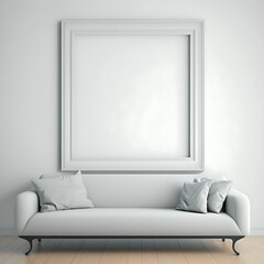 Blank frame mockup on a white wall. Clean white living room design.