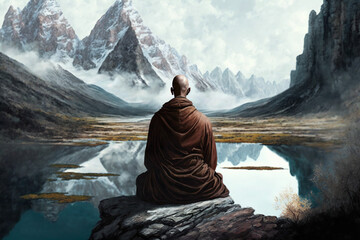 Fototapeta na wymiar Mountain Meditation: Meditator in Robes Amidst Fog and Snowcapped Peaks - Generative Art