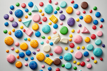 Sweet Treats: Assorted Pastel Candies on a White Background