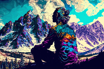 Psychedelic Mountain Meditation: Meditator with Swirling Colors - Generative Art