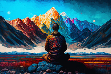Psychedelic Mountain Meditation: Meditator with Swirling Colors - Generative Art