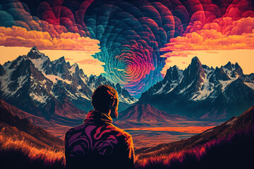 Psychedelic Mountain Meditation: Meditator with Swirling Colors - Generative Art