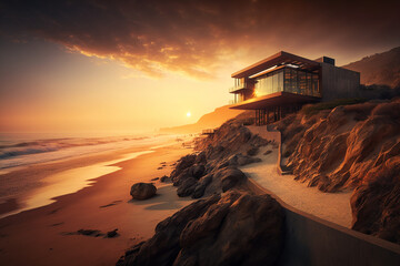 Real Estate Photography - Golden Hour at a Luxury Malibu Mansion with a clean modern interior - Generative Art