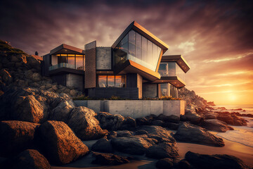 Real Estate Photography - Golden Hour at a Luxury Malibu Mansion with a clean modern interior - Generative Art