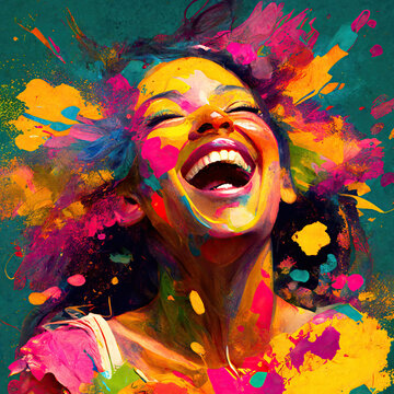 Portreit of bright laughing young girl in colorful splashes of paint as a metaphor for happiness.