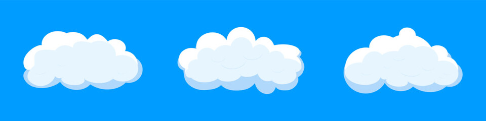 White cartoon clouds set isolated on blue background. Collection of different clouds for background template, wallpaper and fluffy sky design. Flat clouds concept. 3D clouds vector illustration