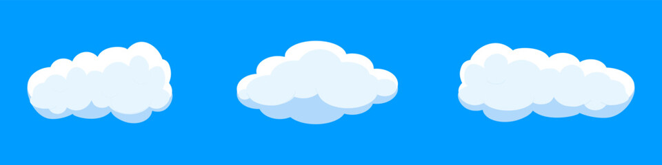 White cartoon clouds set isolated on blue background. Collection of different clouds for background template, wallpaper and fluffy sky design. Flat clouds concept. 3D clouds vector illustration