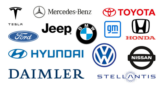Top Car Companies Logo Bundle. Tesla, Jeep, Ford, GM, Toyota, Mercedes, BMW Company and Vehicle Logo.   