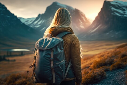 Traveler Hiker Camper Woman Wearing Big Trekking Backpack. Viewed From The Back. Mountains Landscape. Hiking, Trekking, Backpacking, Camping In The Mountains Concept. Beautiful Sunset Sunrise Light

