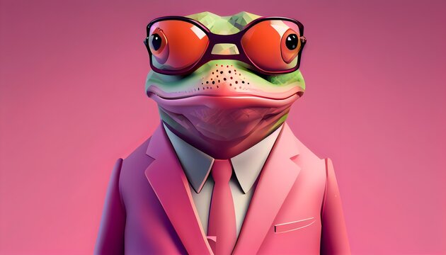 Fashion frog in color suit with sunglasses on a solid color background, vector art, digital art, faceted, minimal, abstract, geometric. Generative AI.
