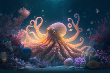 Fototapeta na wymiar Octopus in deep blue magical sea