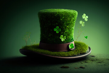 green top hat made out of the moss and clovers, saint patrick's day cosmetic concept