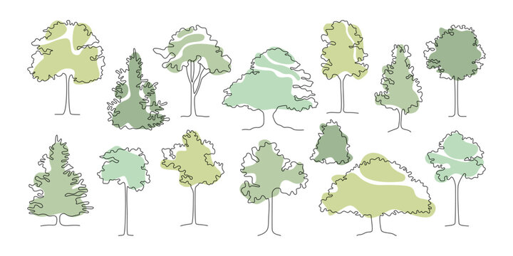 Drawing trees in line art. Hand drawn doodles trees and bushes. Botanical creative painting. Decorative elements