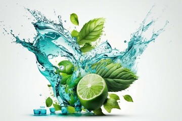 Aqua splash with lime, mint, and ice on white background for summer drink concept. Generative AI.