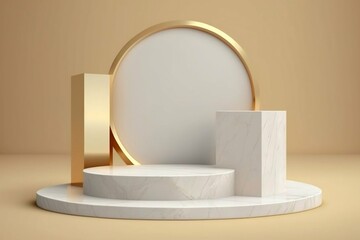 Clean white marble display podium for luxury product advertisement with a beautiful beige background. Generative AI.
