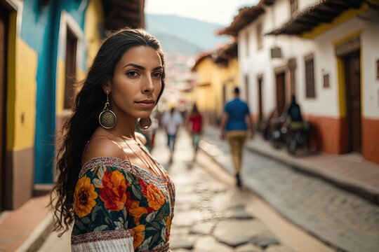 Colombian woman posing in a typical colombian city street. Generative AI
