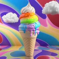  Rainbow Ice Cream Cone close-up on a rainbow fantasy background. Generative AI.