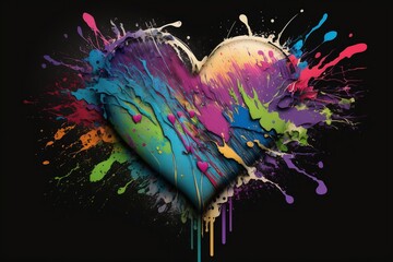 Colorful textured heart graffiti with pink, purple, blue, yellow, green, and red spray paint. Generative AI. - 578119230