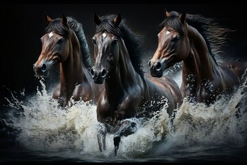 Three horses run along the river. Generative AI.