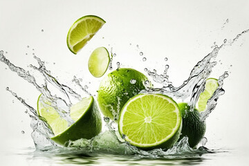 Water splashes with fresh limes on a white background. Generative AI.