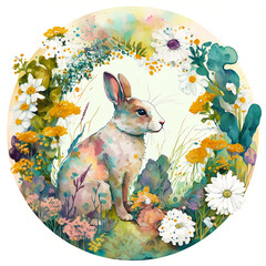 Spring rabbit with vibrant flowers in circular watercolor composition. Generative AI.