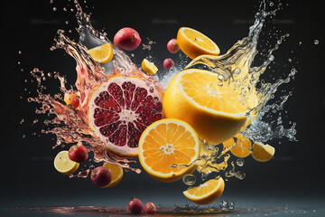 Yellow lemons and red grapefruits in water splash motion, tropical fruit concept. Generative AI. - 578119277
