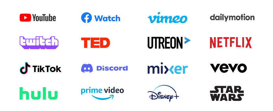 Video Streaming Site Logo Bundle. YouTube,  Facebook Watch, Vimeo, Dailymotion, twitch, ted, Netflix, TikTok, Discord Video Logo Set